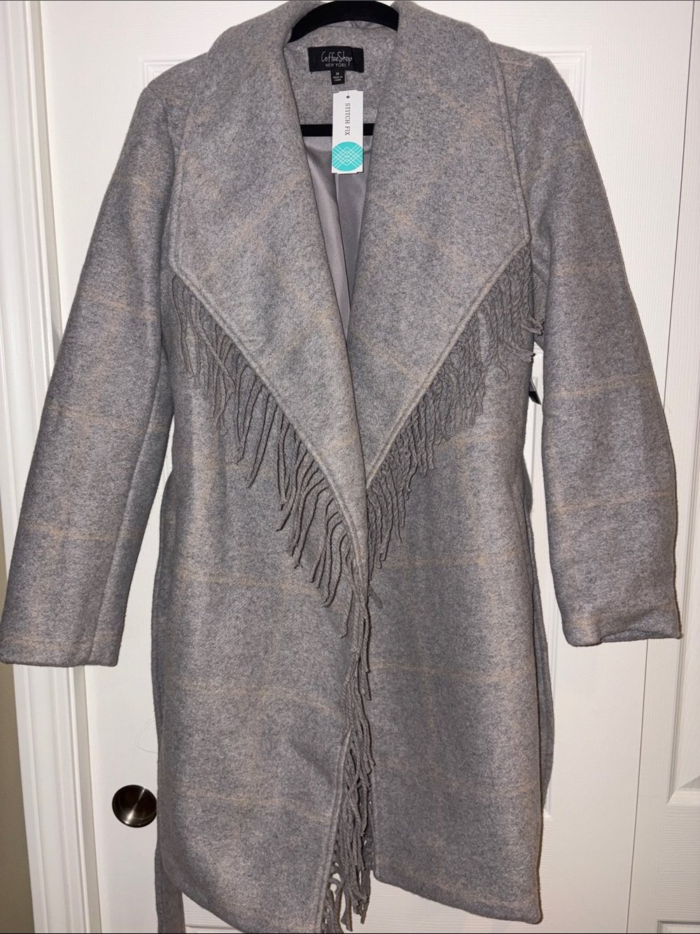 CoffeeShop | Gray Fringe Open-Front Draped Sweater Coat